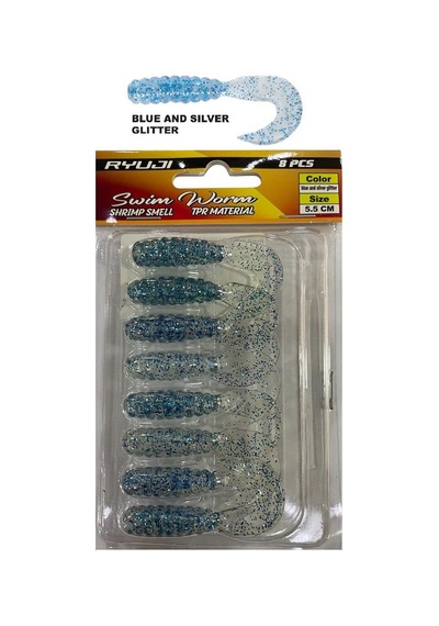 Ryuji Swim Worm 5.5cm 1.5gr Kokulu Lrf Silikon Yem 8 Adet Blue And Silver Glitter