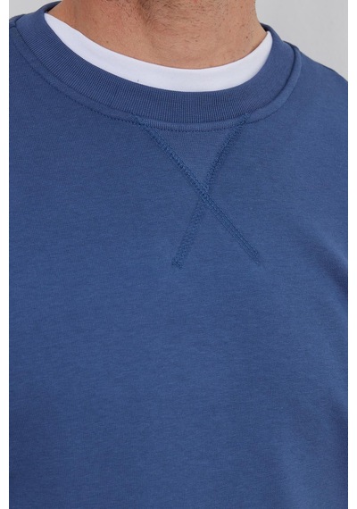 Tudors Unisex Relax Fit Rahat Kesim %100 Pamuk 3 İplik Basic İndigo Bisiklet Yaka Sweatshirt-35152 İndigo