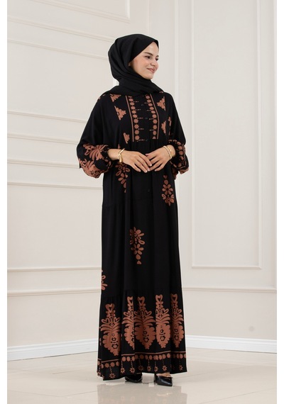 Sevitli Yarım Düğmeli Robalı Nesrin Elbise-siyah-5839