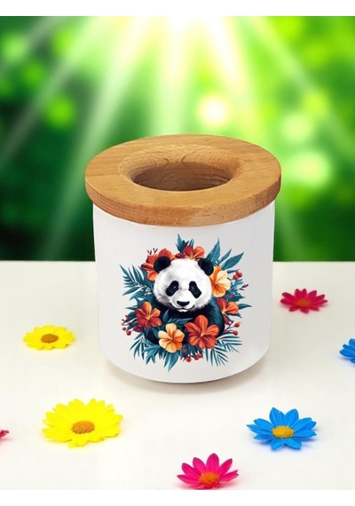 Panda Ve Çiçek Baskılı 3'lü Ahşaplı Seramik Masaüstü Kalemlik Kalem Kutusu Ofis Hediyesi Beyaz