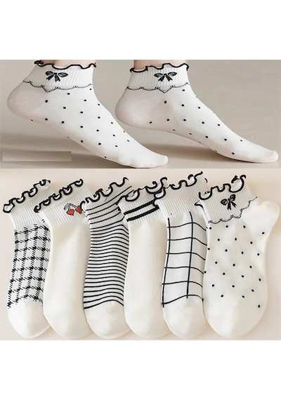 Shopiolog Sevimli Marul Desenli Bilek Çorabı 6'lı Paket Siyah - Beyaz