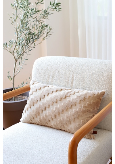 Bohem Özel Tasarım Punch Panç Desen Dekoratif Dikdörtgen Kırlent Kılıfı 28x50 cm Zigzag Natural