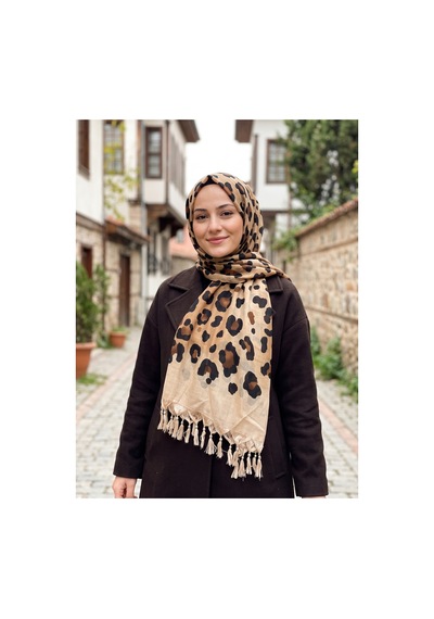Umttrend Pamuklu Boncuklu Yazma 110cm X 110cm Leopar Desenli Krem