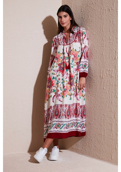 Lela Modest Desenli Regular Fit Bağlamalı V Yaka Maxi Bayan Elbise 611El510 Bordo