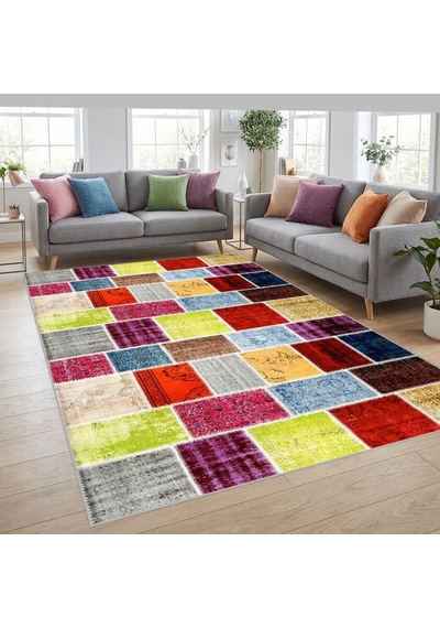 Çok Renkli Patchwork Eskitme Desenli Dijital Baskılı Kaymaz Tabanlı 6 Mm Yıkanabilir Halı