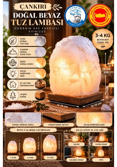 Çankırı 3-4 Kg Beyaz Doğal Kaya Tuzu Lambası Ahşap Kaideli Dekoratif Lamba