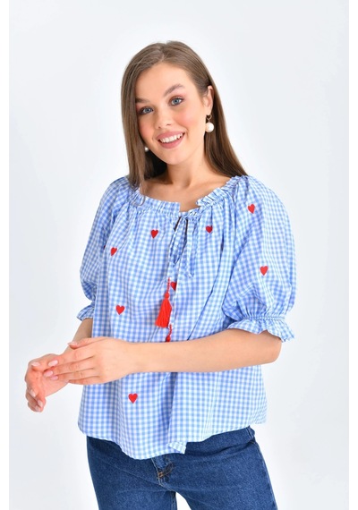 Park Karon Kadın Mavi Pötikare Yakası Fırfırlı Oversize Dokuma Bluz 001