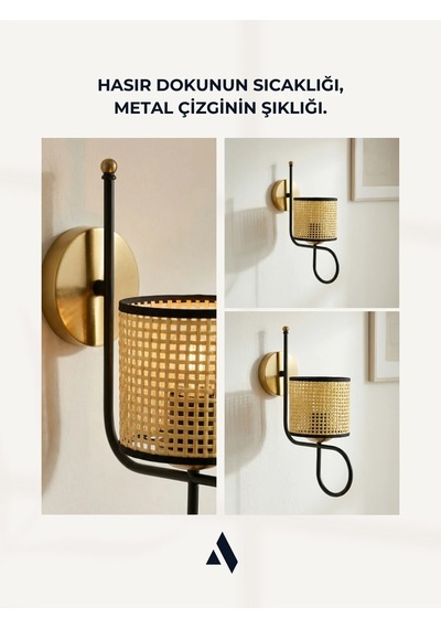 Bohemia Hasır Şapkalı Duvar Apliği Gold Kaplama Metal Gövde E27 Duy, Boho Dekoratif Aydınlatma Hasır