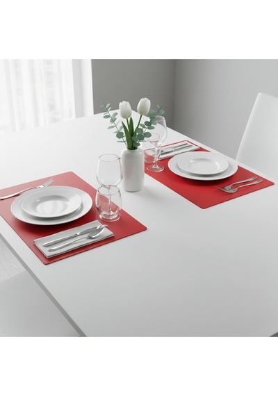 6 Kişilik 12 Parça Kırmızı Dikdörtgen Deri Amerikan Servis Supla 33x44 Cm-kolay Silinir Supla