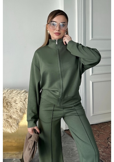 Balenbi Kadın Modal Kumaş Fermuarlı Dik Yaka Takım 1118 Haki