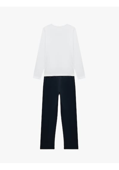 Koton Baskılı Uzun Kollu Bisiklet Yaka Pamuklu Pijama Takımı Beyaz 7wlk40119mk