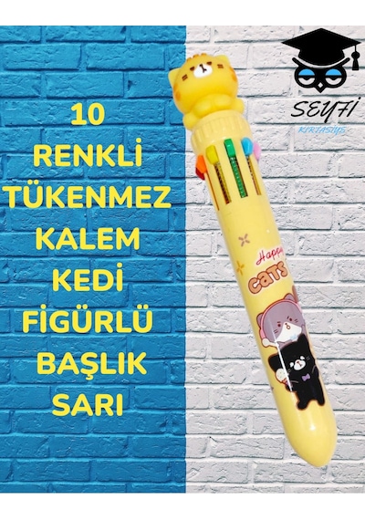 10 Renkli Tükenmez Kalem Kedi Figürlü Başlık Sarı
