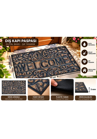 Dekoratif Dış Kapı Paspası Dijital Baskılı, Kaymaz Pvc Plastik Tabanlı, Şık Desenli Kapı Önü Paspası 40x70 Cm Kahverengi Siyah