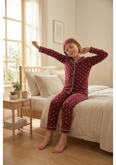 Ahengim Kız-erkek Çocuk Çizgili Kalpli Puantiyeli Desenli Pamuklu Pijama Takımı Göz Bantlı 3 Lü Set Ak2610 Bordo Ahengim Kız-erkek Çocuk Çizgili Kalpli Puantiyeli Desenli Pamuklu Pijama Takımı Göz Bantlı 3 Lü Set Ak2610 Bordo