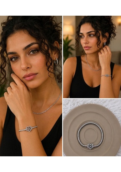 Premium Gümüş Renk Parlak Taşlı Şık 316l Çelik Sonsuzluk Ve Kalp Figürlü Charm Bileklik 18cm