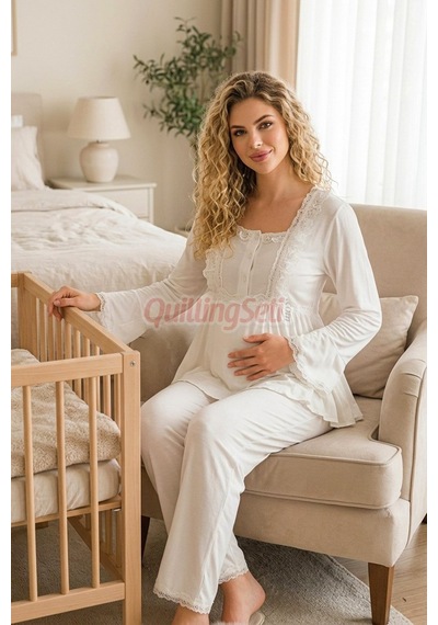 Lady  Dantel Detaylı 33205 Uzun Kol 2 Parça Lohusa Hamile Pijama Takımı Ekru Renkli