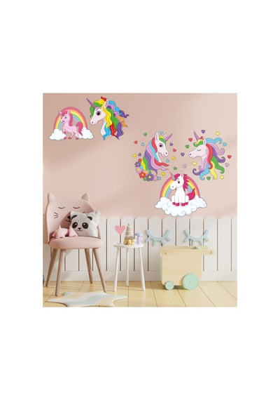 Gökkuşağı Ve Kalpler Unicornlar Duvar Sticker 70x100 Cm