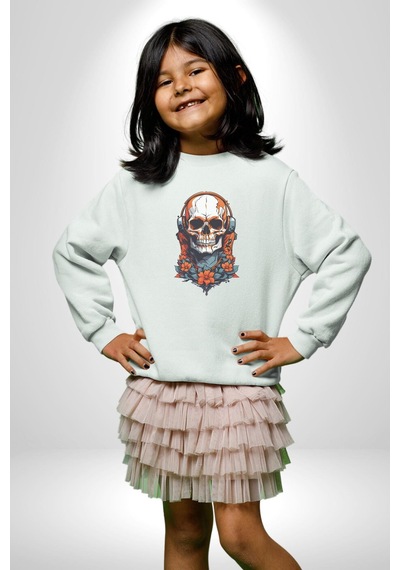 Müzik Kulaklık Takan Kurukafa Kırmızı Gül Unisex Beyaz Baskılı Sweatshirt Beyaz