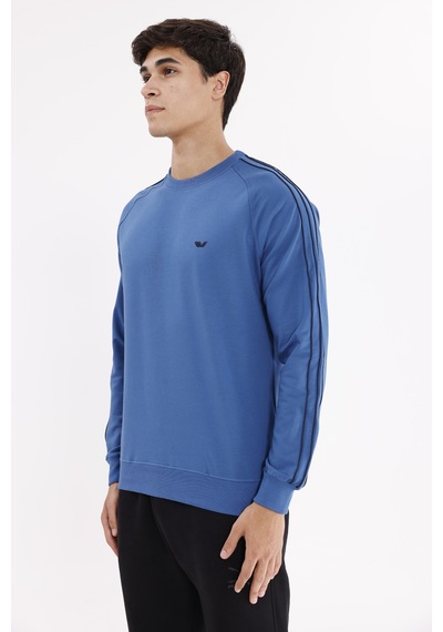 Rowinger Çift Şeritli Raglan Kol Minimal Logolu Bisiklet Yaka Sweatshirt İndigo