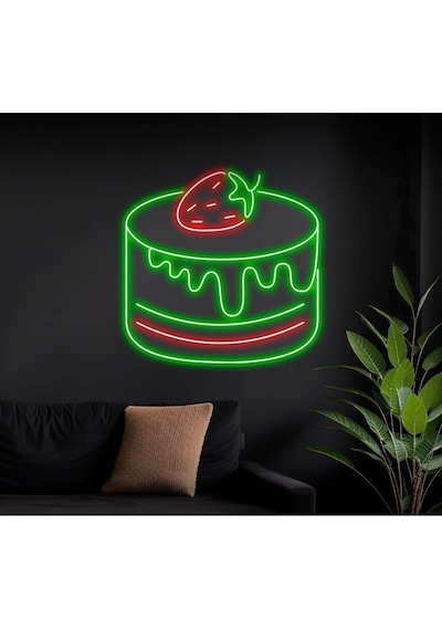 Çilekli Pasta Figürlü Neon Tabela Yeşil