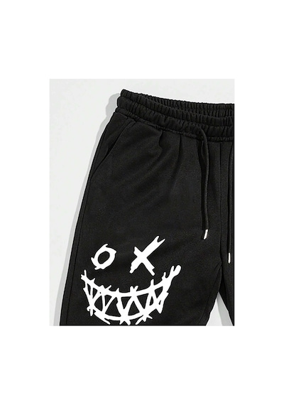 Tarzsokak Cartoon & Slogan Graphic Drawstring Waist Eşofman Altı Siyah