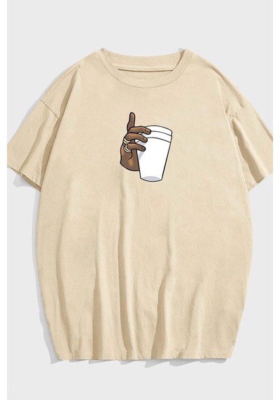 Unisex Tupac Coffee Baskılı T-shirt Bej