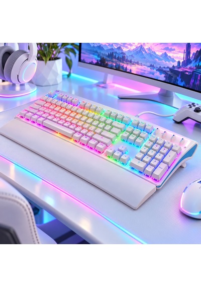 Türkçe Q Mekanik Gaming Klavye Kablolu Usb Rainbow Led Aydınlatmalı Bilek Destekli Full Size Beyaz