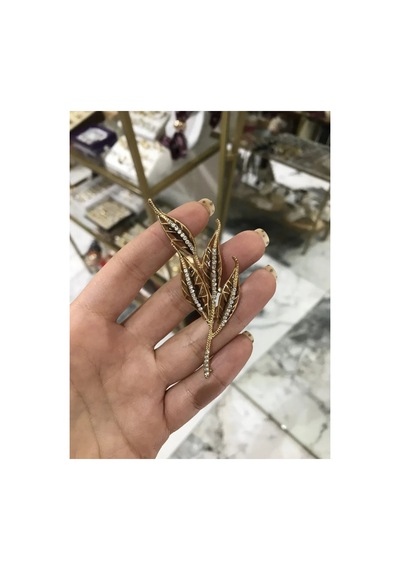 Yaprak Model Kahverengi Taş Detaylı Broş Siyah
