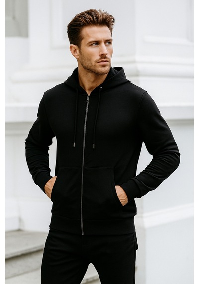 Rich Erkek Siyah Kapüşonlu Kanguru Cepli Fermuarlı Sweatshirt Siyah