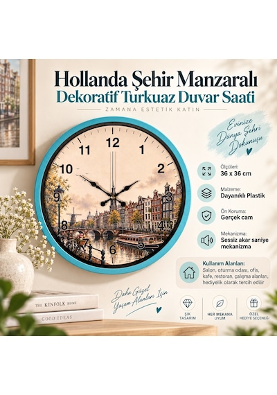 Almira Duvar Saati Hollanda Şehir Manzaralı Dekoratif Turkuaz Duvar Saati