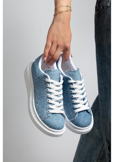 Erceka Günlük Sneaker Kadın Spor Ayakkabı Bağcıklı Beyaz-siyah-mavi-gümüş-gold-sarı Açık Mavi Kot
