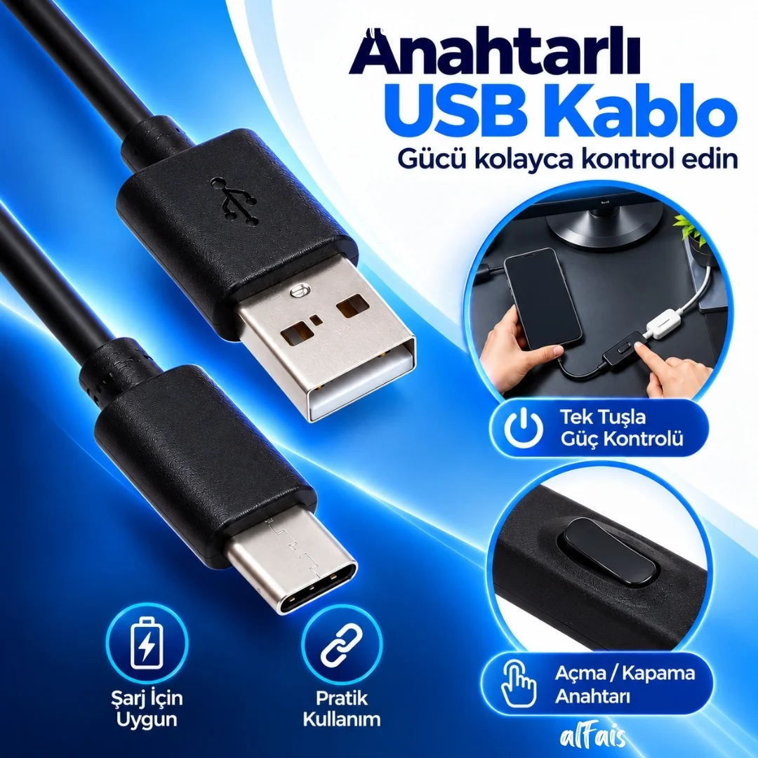 Usb Type C Açma Kapama Anahtarlı Güç Data Kablosu 2 Metre On/off Tuşlu Düğmeli