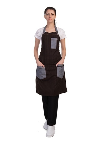 Barista Chef Cafe Aşçı Boydan Önlük Turkuaz Çizgili Kot Cepli