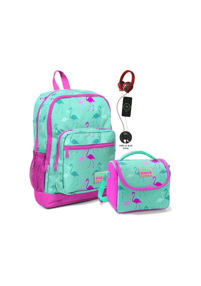 Coral High Okul Çantası Ve Beslenme Çantası Seti - Kız Çocuk Yeşil Flamingo - Usb Soketli