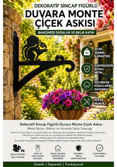 Dekoratif Sincap Figürlü Metal Duvara Monte Çiçek Askısı Bahçe, Balkon Ve Veranda Saksı Askılığı Elektrostatik Boyalı Dayanıklı Saksı Tutacağı Siyah Sincap