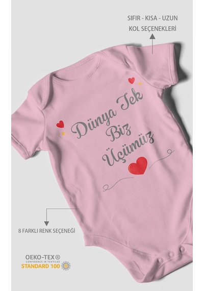Morivokids Dünya Tek Biz Üçümüz Kısa Kollu Bebek Body %100 Pamuk Koyu Pembe