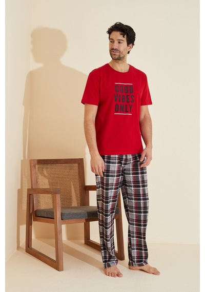 Siyah İnci Bisiklet Yaka Baskılı Örme Pijama Takım 25109828 Kırmızı