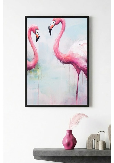 Doğal Ahşap Çerçeveli Flamingo Desenli Tablo - Pastel Tonlar Huhu1303