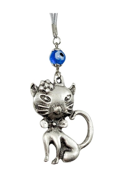El Yapımı Lacivert Cam Nazar Boncuğu Metal Kedi Dikiz Ayna Süsü /