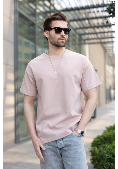Madmext Camel Dikiş Detaylı Regular Fit Erkek Tişört E7183