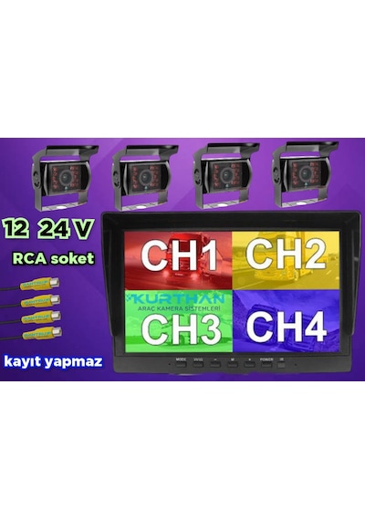 Kayıtsız 7 İnç Monitör 4 Adet Metal Kasa Kamera 12 24 Volt