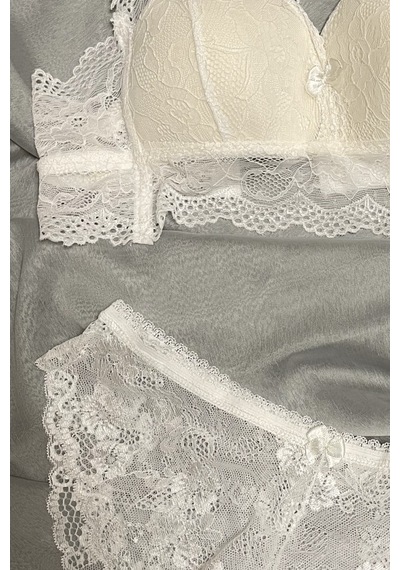 Kadın Üçgen Dantel Bralet Desteksiz Sütyen Takım Ekru