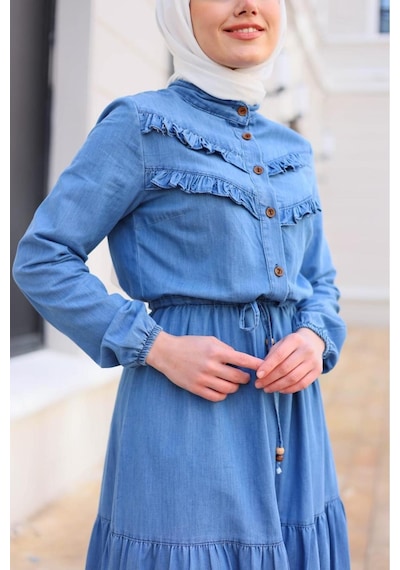 Harman Butik Kadın Fır Fırlı Denim Kot Elbise Açık Mavi