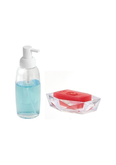 Bayaz Pompalı Cam Sıvı Sabunluk Ve Sabunluk 2 Li Banyo Seti