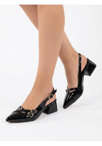 Asmi Shoes Kadın Jela Siyah Rugan 4 Cm Kısa Topuklu Tokalı Ayakkabı