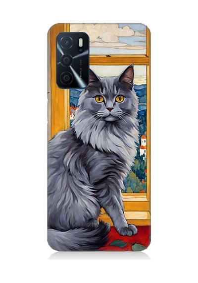 Oppo A55 Uyumlu Kül Rengi Tüylü Kedi Desenli Silikon Kılıf