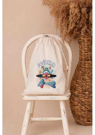 İsme Özel Erkek Bebek Çocuk Kıyafet Kesesi 30x40 Cm %100 Pamuk Ham Bez İsim Baskılı Yıkanabilir Kişiye Özel Kese 2048kk Ekru