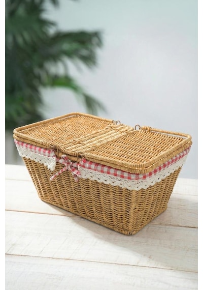 Digithome Kapaklı Rattan Vintage Dantelli Dikdörtgen Piknik Sepeti -9t14 U/6 Kahverengi