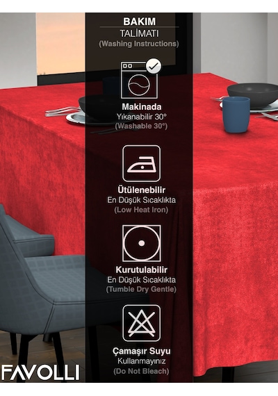 Kadife Dokulu Kırmızı Renk Masa Örtüsü Kırmızı
