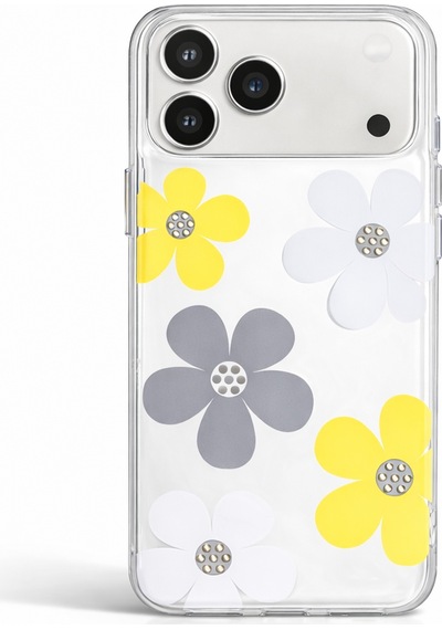 Apple Uyumlu iPhone 17 Pro Papatya Desenli Taş Çerçeveli Sert Şeffaf Kılıf